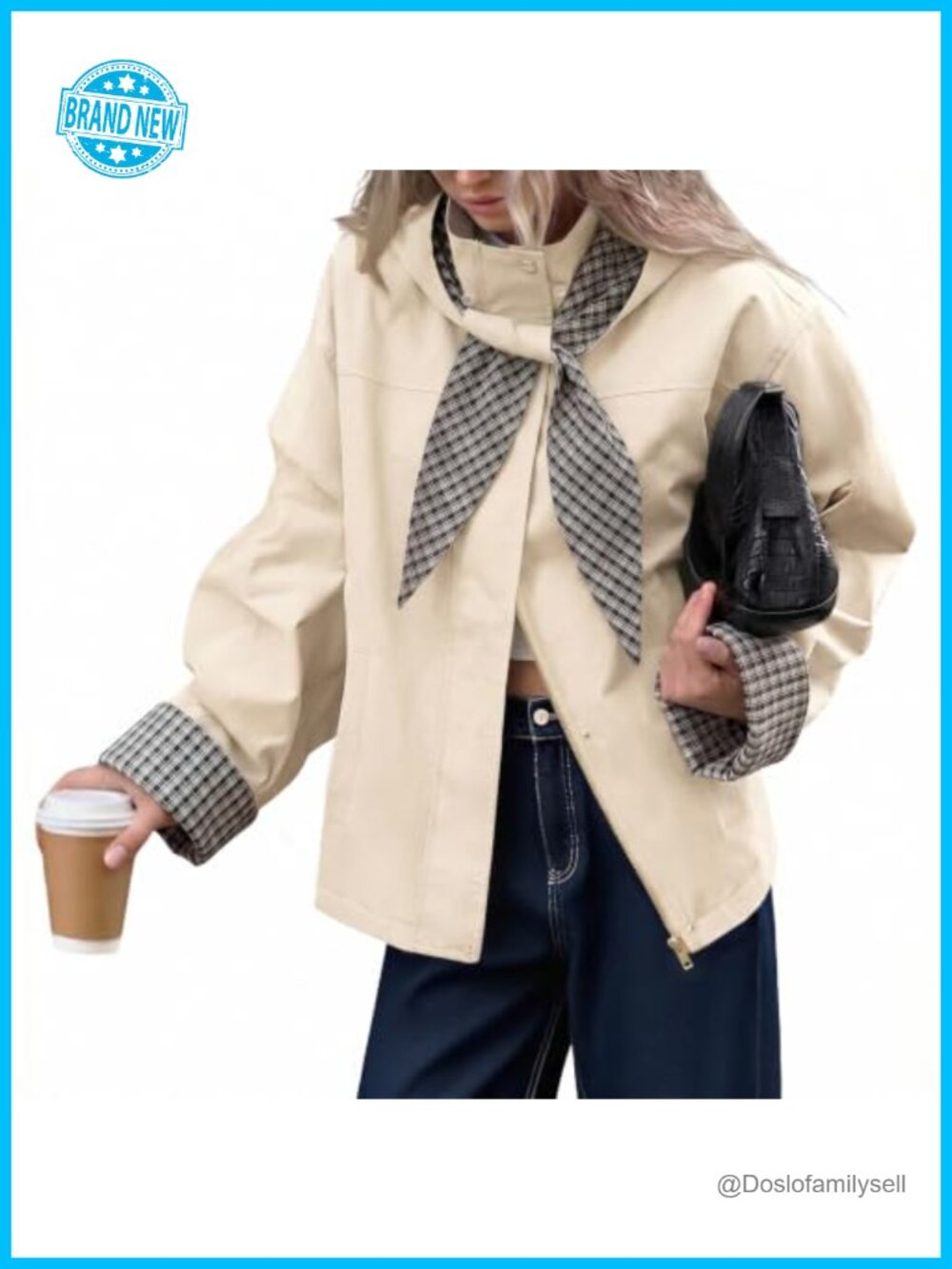 Cropped Trench Coat Detachable Plaid Hood Zip Snap Buttons Lightweight